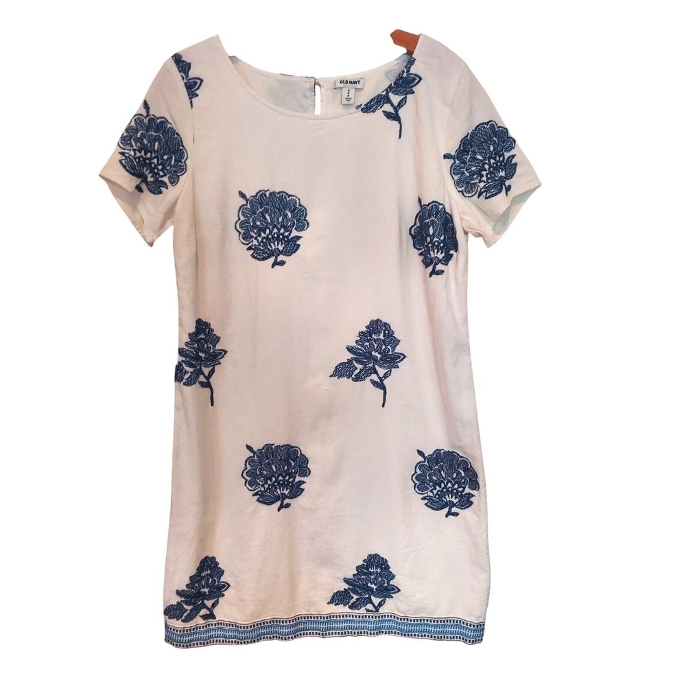 Old Navy Boho Womens White Blue Floral Embroidered Shift Dress Short Sleeve SM - Picture 2 of 6